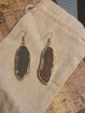 Brown Agate Slice Drop Earrings with Gold Trim